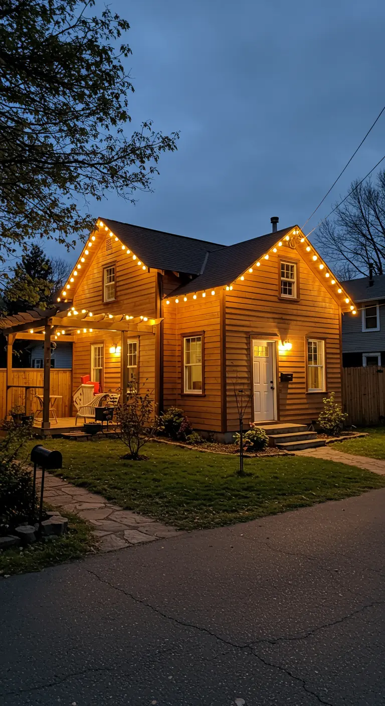 Maison en bois illuminée par des guirlandes lumineuses sur le toit et une pergola latérale.