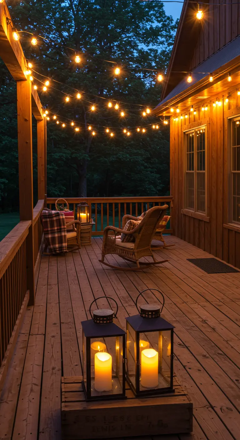 Terrasse en bois éclairée par des guirlandes lumineuses et des lanternes avec bougies.