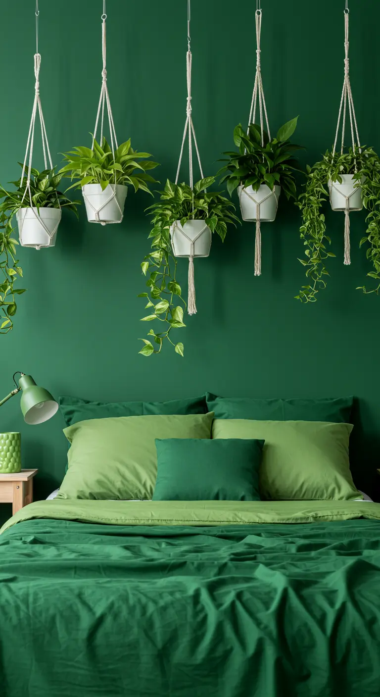 Chambre monochrome verte avec murs, literie et plantes suspendues aux pots blancs.