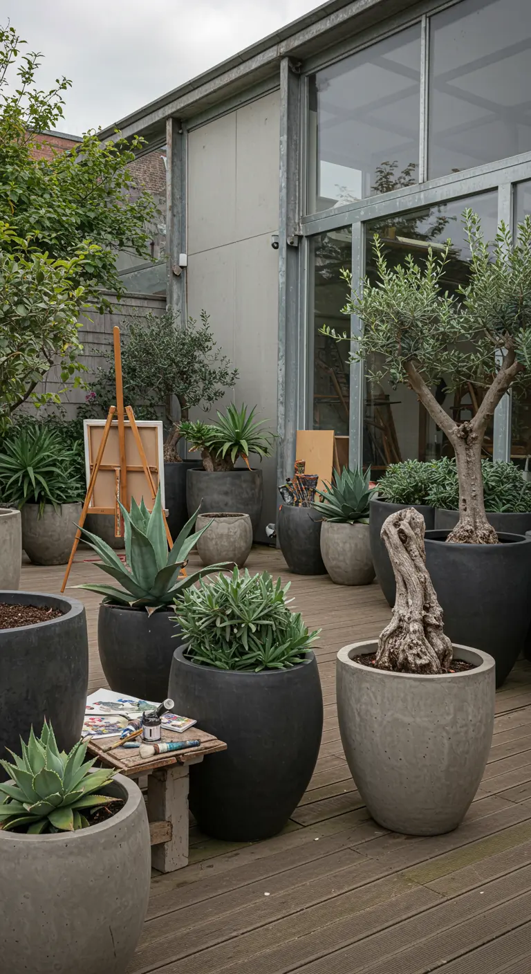 Grand patio extérieur avec de nombreux pots gris et noirs, agaves, oliviers et chevalet d'artiste.