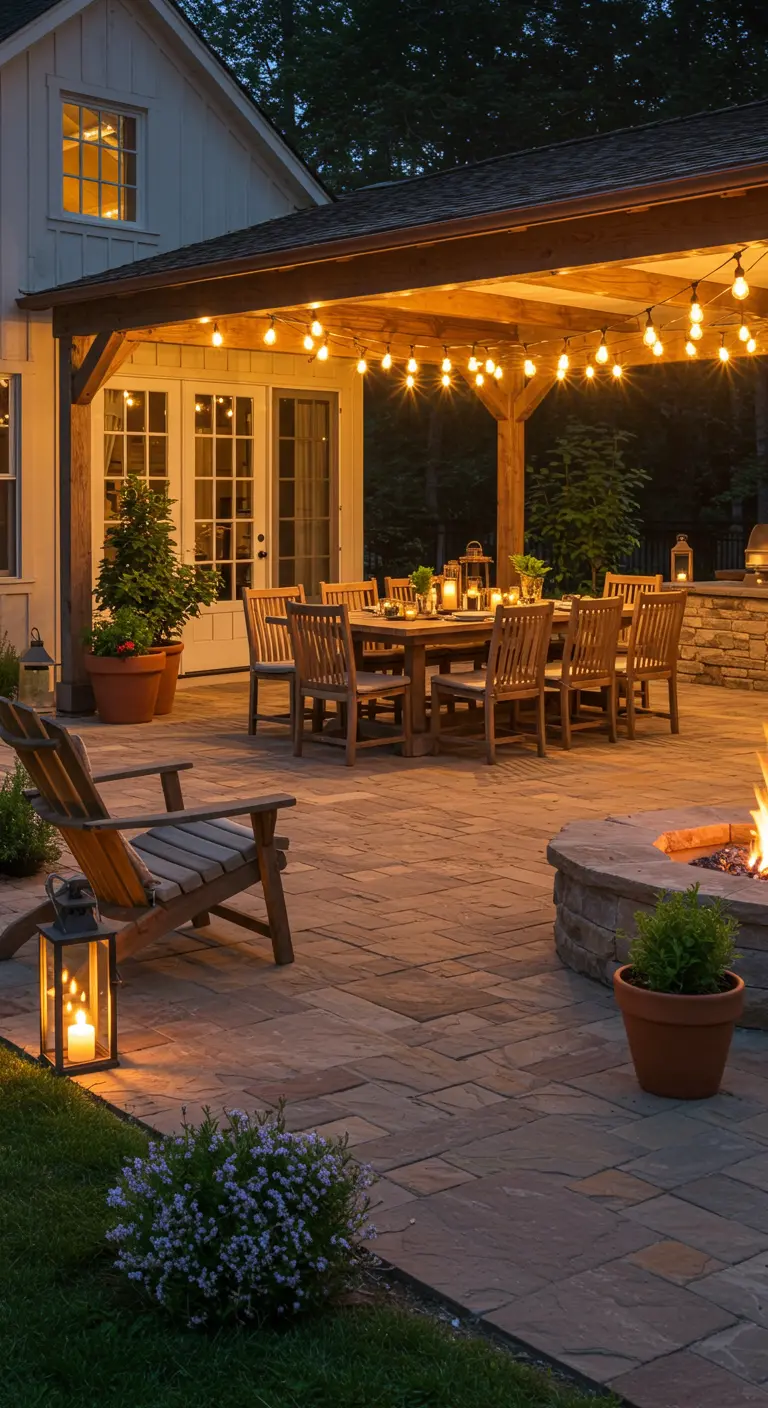 Grande terrasse pavée avec pergola, table à manger, foyer et guirlandes lumineuses.