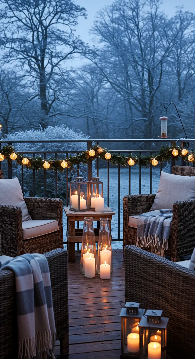 Salon de jardin en rotin avec plaids, guirlande lumineuse et nombreuses lanternes sur un balcon.