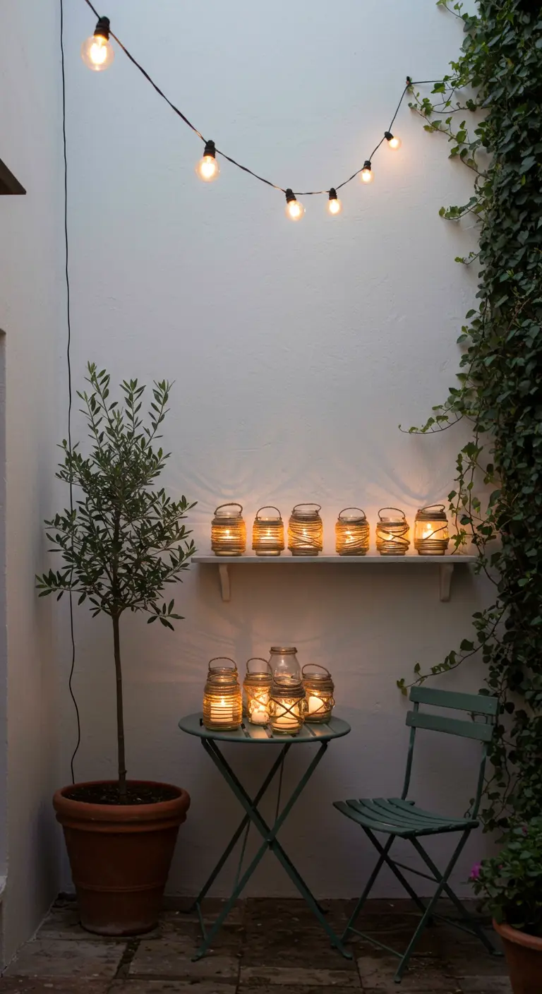 Petite cour avec guirlande lumineuse, bocaux sur une étagère et une table, olivier en pot.
