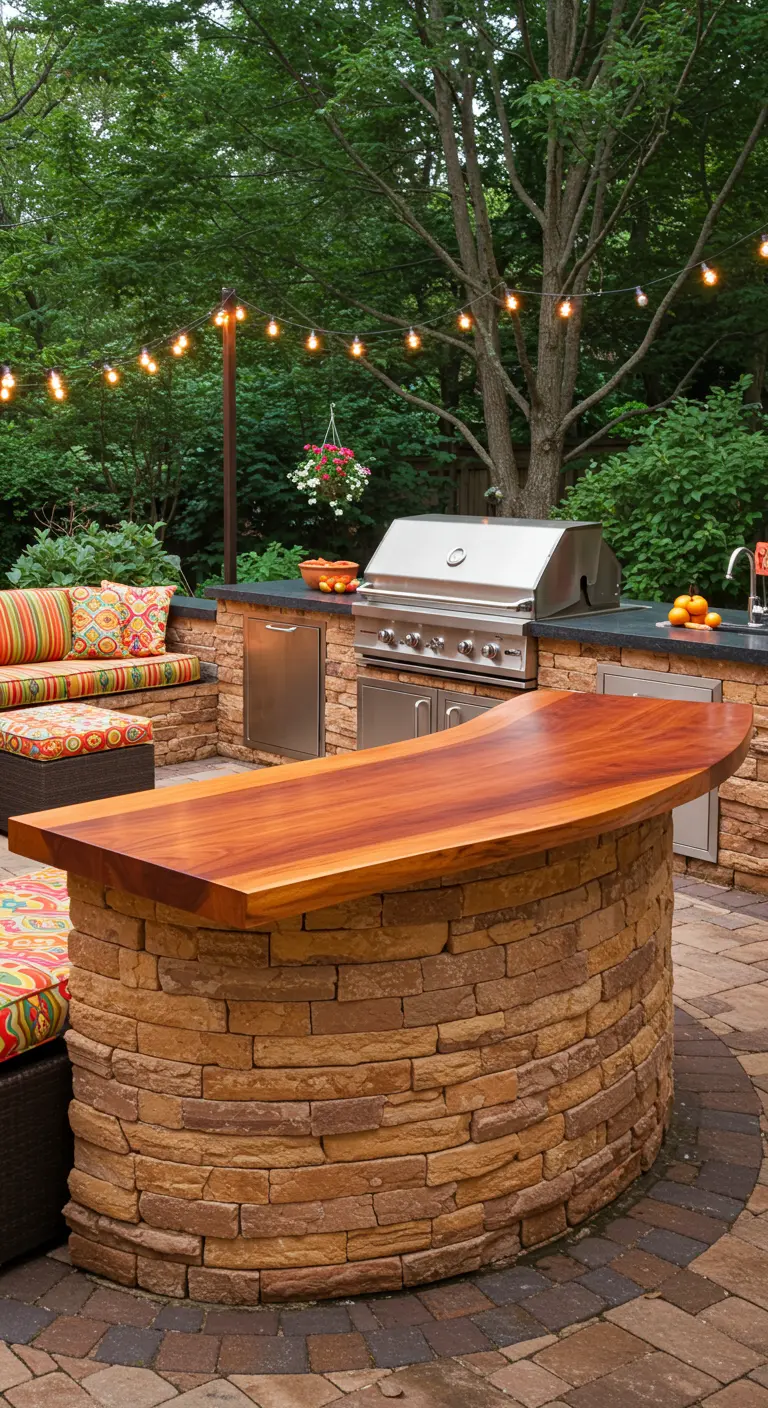 Cuisine extérieure courbée en pierre avec comptoir en bois, barbecue intégré et coin repas coloré.