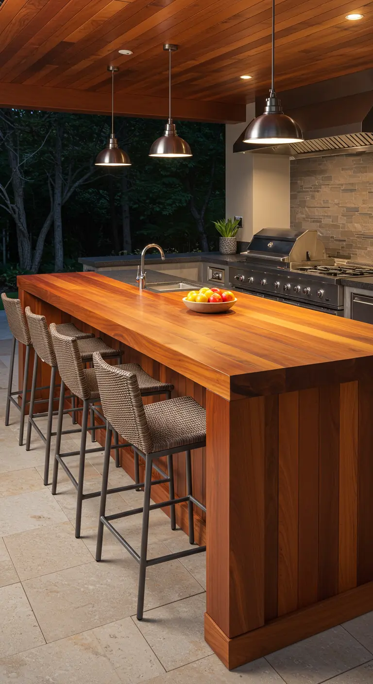 Grand îlot de cuisine en bois massif, tabourets de bar tressés, luminaires industriels en cuisine extérieure.
