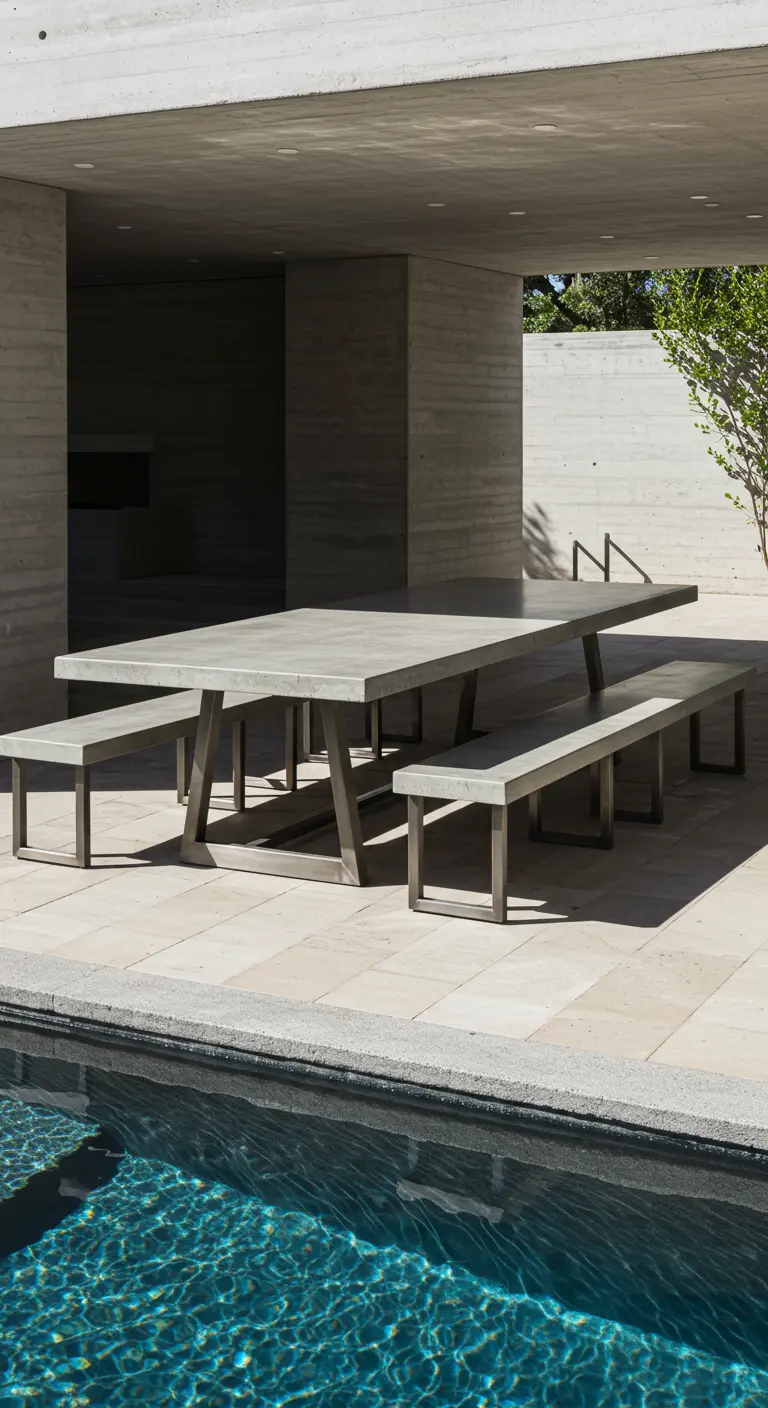 Longue table en béton avec bancs assortis à structure en acier, près d'une piscine.