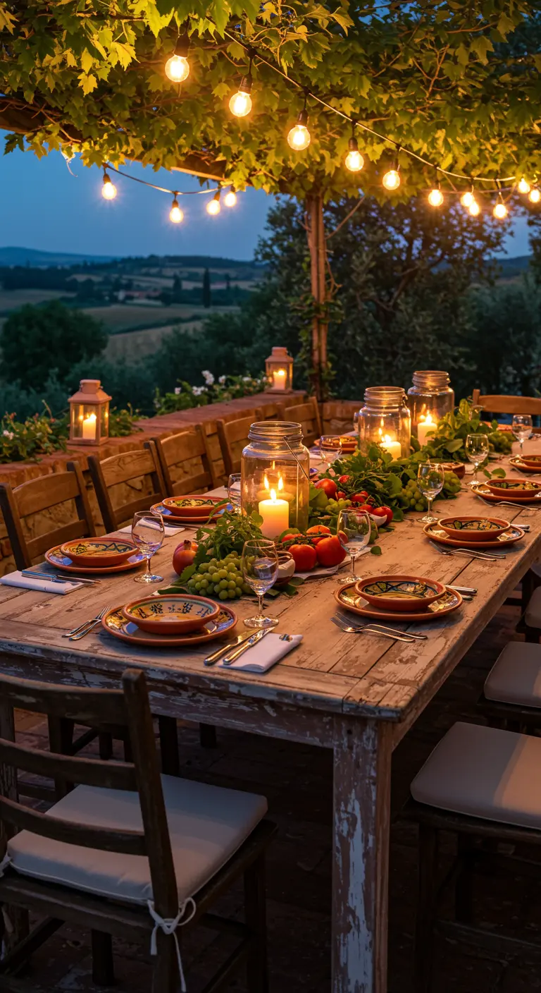 Dîner rustique sous une pergola végétalisée avec guirlandes lumineuses, bougies et un centre de table fruité.