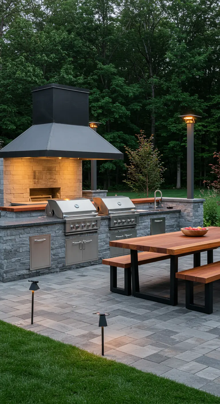 Grande cuisine extérieure en pierre avec deux barbecues, comptoir en bois, table et bancs en bois, poteaux lumineux.