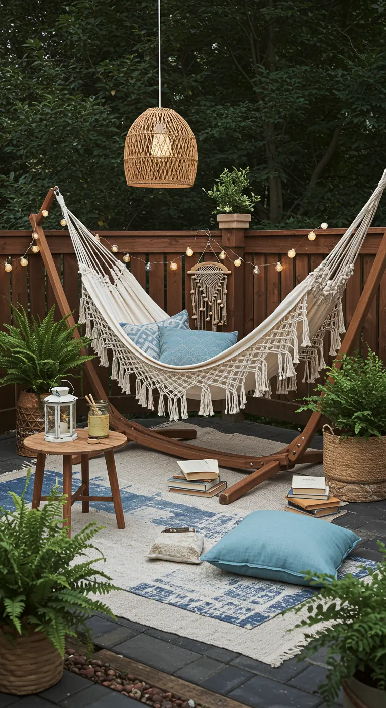 Terrasse avec hamac en coton, coussins bleus, tapis à motifs, table basse et plantes vertes.