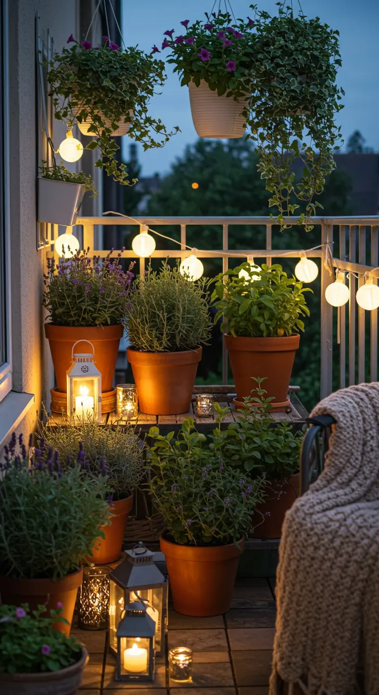 Balcon de nuit avec herbes en pots de terre cuite, lanternes, guirlandes et plantes suspendues.