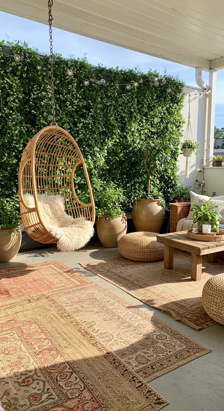 Patio avec fauteuil suspendu en rotin, multiples tapis d'extérieur et mur végétal