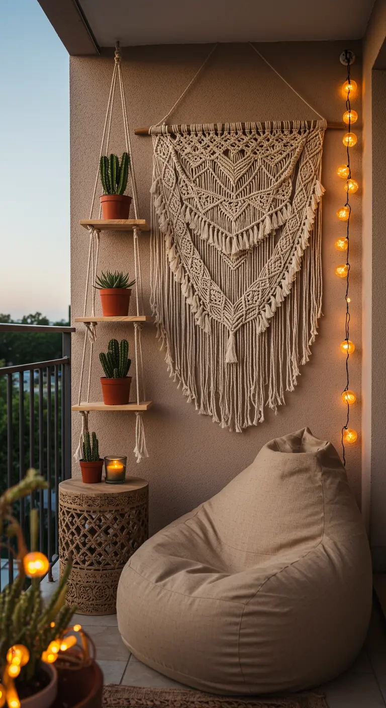 Balcon bohème avec tenture murale en macramé, étagère suspendue et pouf confortable.