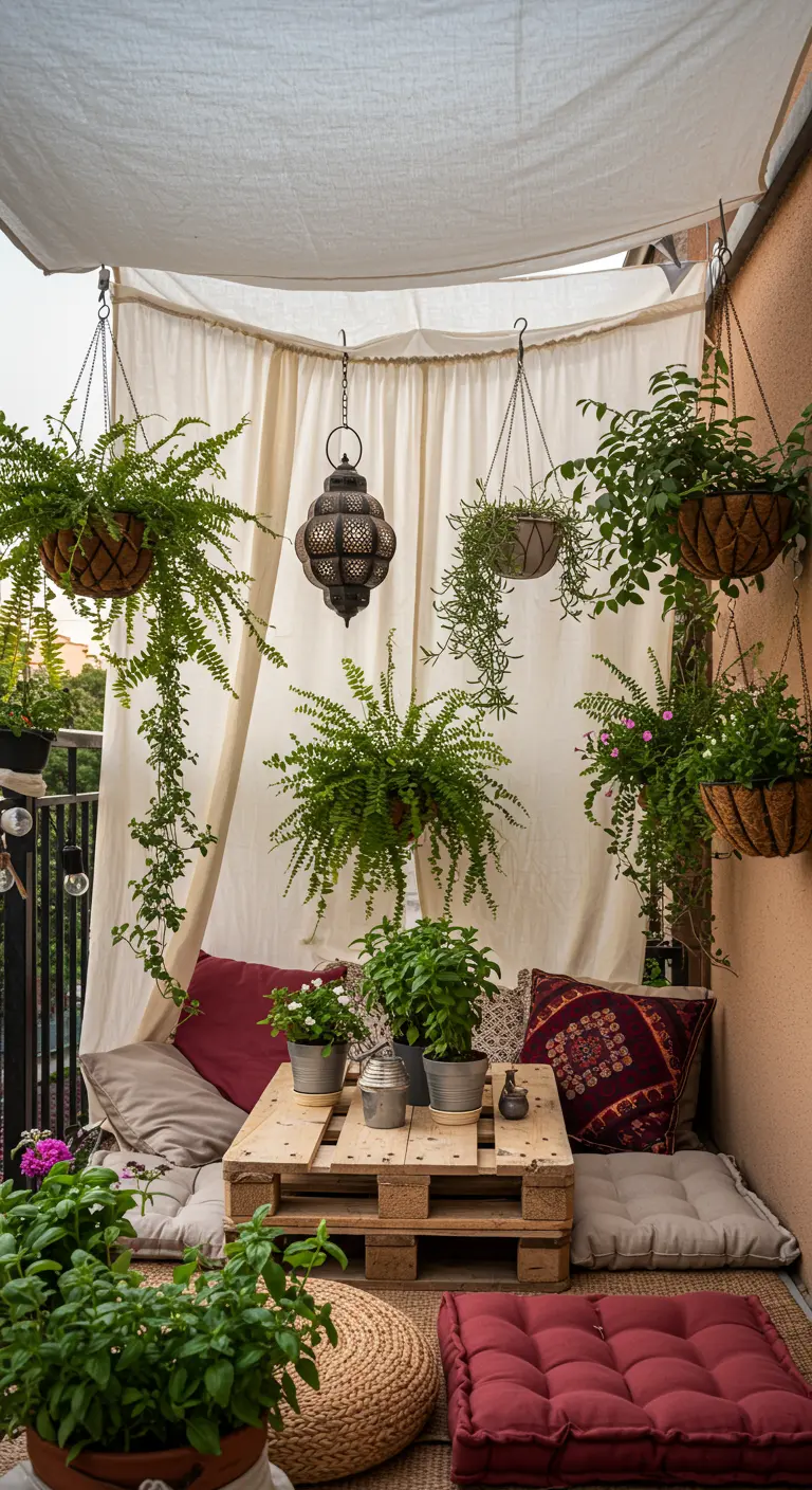 Balcon bohème avec voile d'ombrage, fougères suspendues, table basse en palette et coussins.