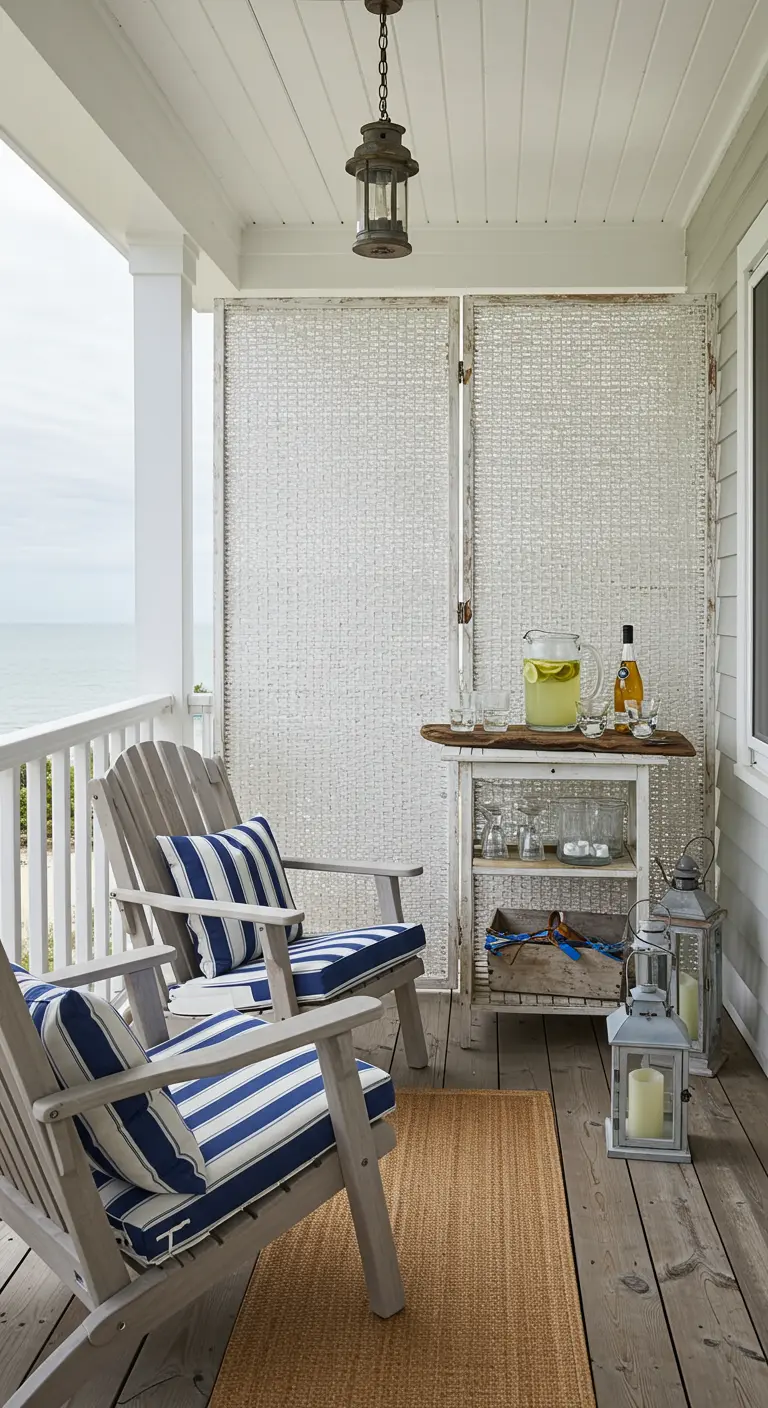 Terrasse en bois avec chaises Adirondack, un paravent blanc en rotin et un meuble bar rustique.