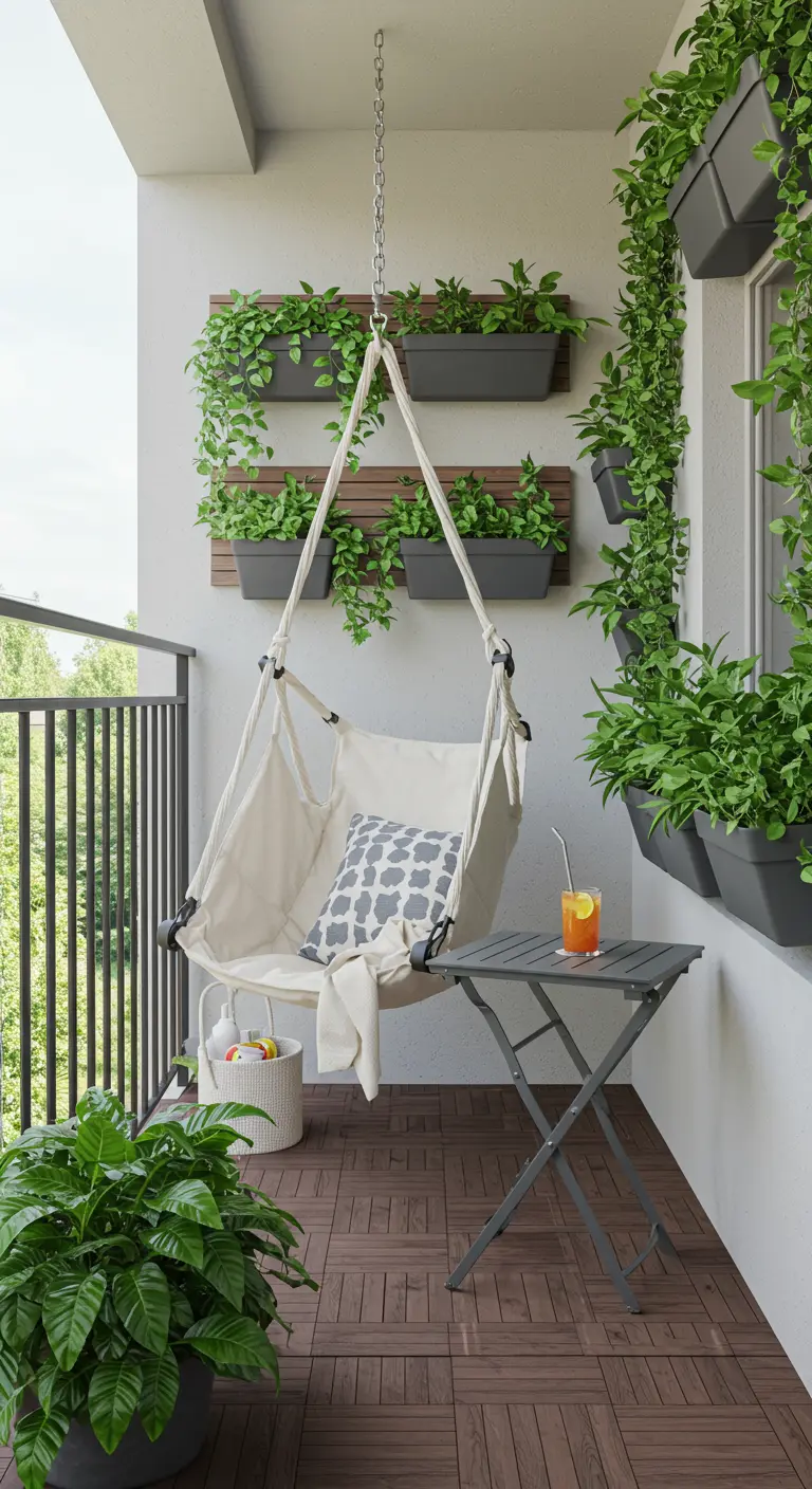 Balcon avec chaise suspendue blanche, jardinières murales et plantes retombantes, petite table pliante.