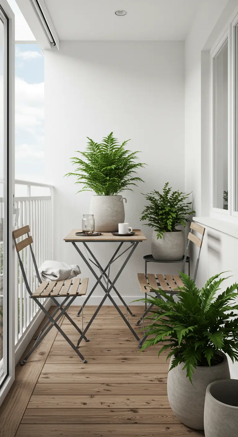 Balcon lumineux avec grandes fougères en pots gris, table et chaises pliantes en bois et métal.