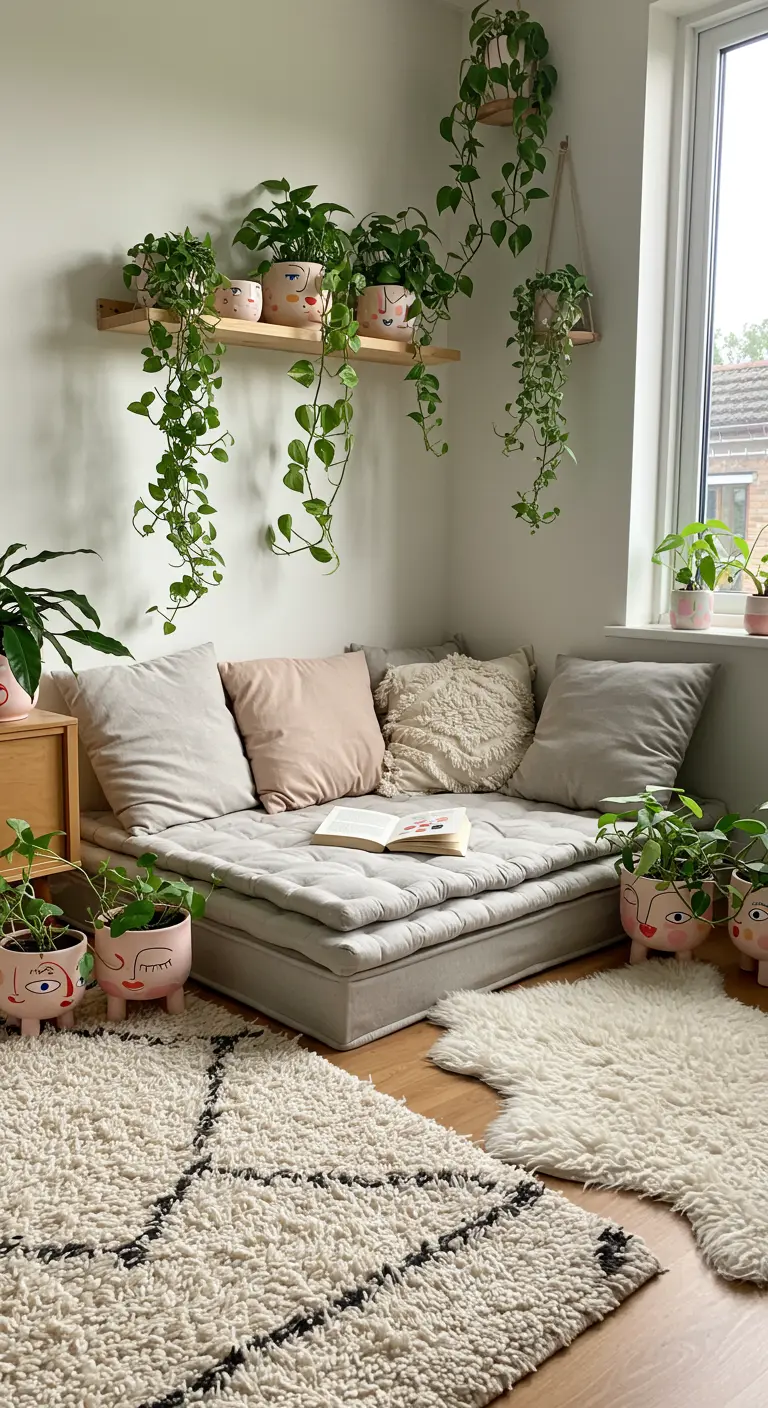 Coin salon cosy avec matelas au sol, tapis shaggy, étagère avec pots à visages et plantes suspendues.