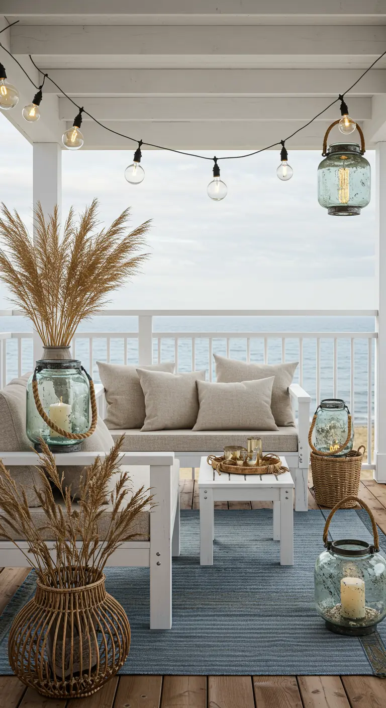 Balcon côtier avec mobilier blanc, tapis rayé bleu, lanternes en verre et pampas.
