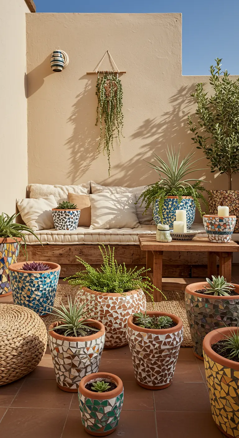 Terrasse ensoleillée, banc en bois, pots mosaïque blancs et tons terreux avec succulentes.