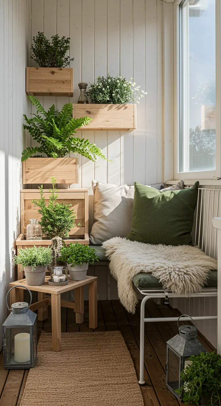 Balcon scandinave avec lambris blanc, jardinières en bois et banc avec fourrure.