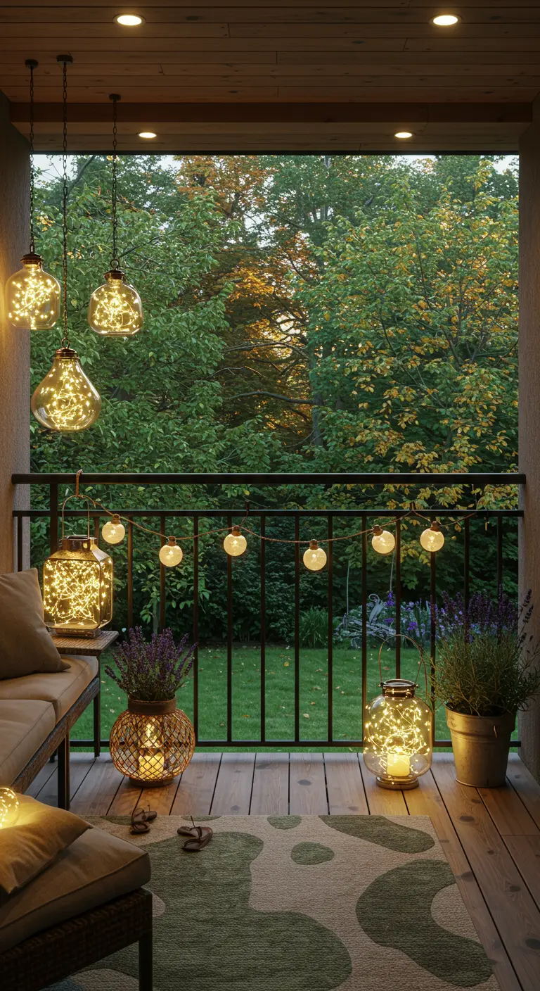 Balcon avec lanternes en verre suspendues, guirlande lumineuse et tapis moelleux.