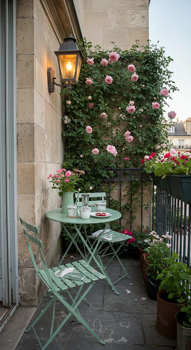 Balcon romantique avec rosier grimpant, treillis, table et chaises bistro vertes.