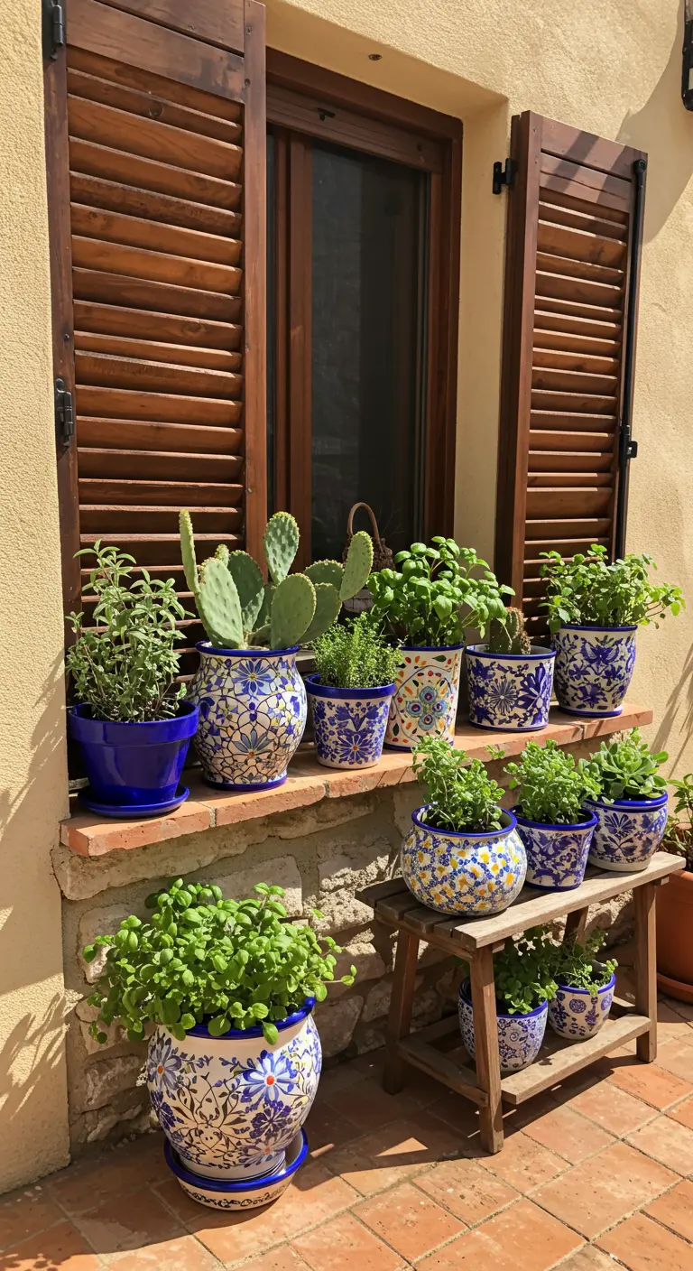 Appui de fenêtre décoré de nombreux petits pots bleus et à motifs avec des herbes et des plantes grasses.