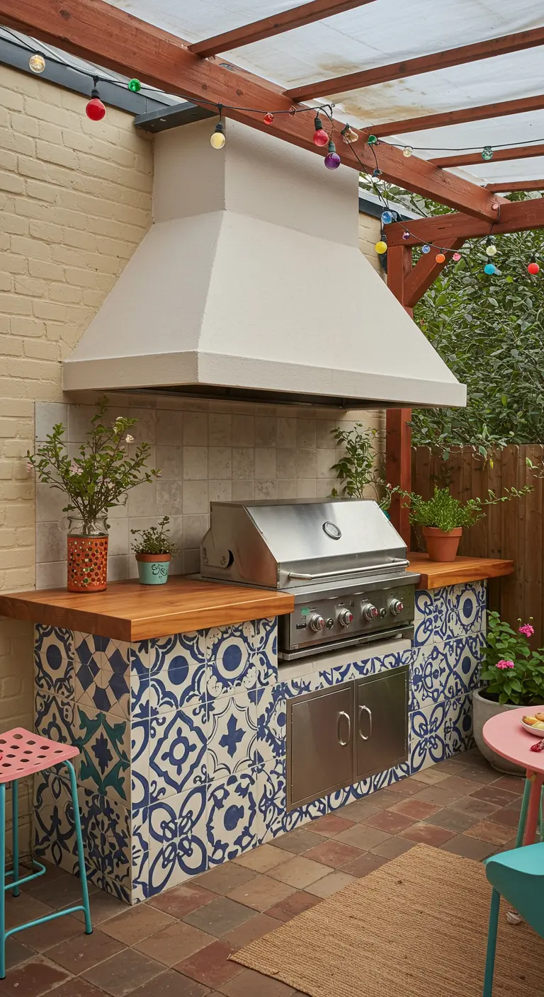 Cuisine extérieure avec façades en carreaux portugais, hotte cheminée, barbecue et comptoir en bois.