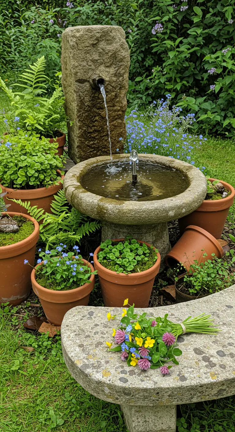 Petite fontaine en pierre entourée de pots en terre cuite avec des fleurs bleues et des fougères.