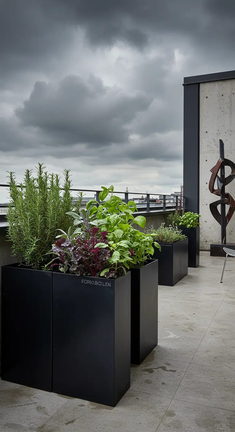 Jardinières noires hautes sur un toit-terrasse avec des herbes et un ciel nuageux.