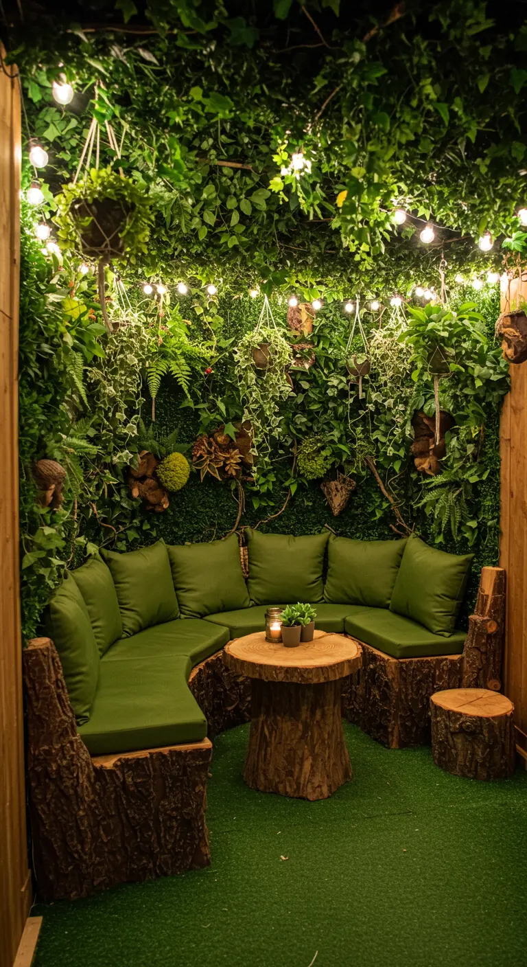 Patio forêt enchantée avec mobilier en bois naturel, mur végétal luxuriant et guirlandes lumineuses féériques.