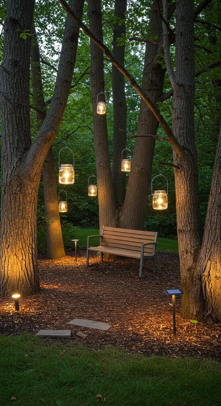 Banc en bois dans une forêt avec des lampions en bocaux suspendus aux arbres.