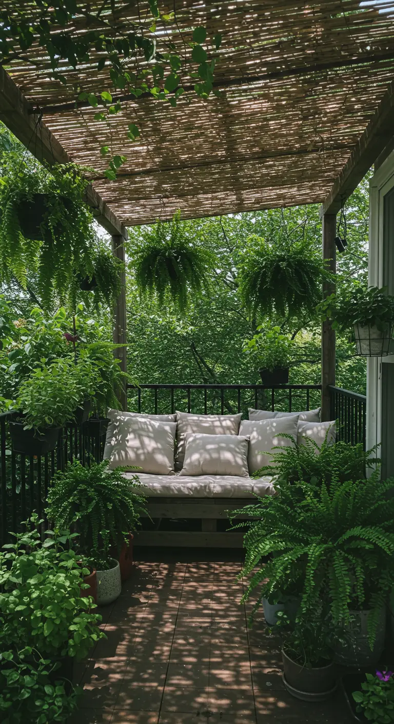 Balcon ombragé avec pergola en bambou, nombreuses fougères suspendues et banc en bois.