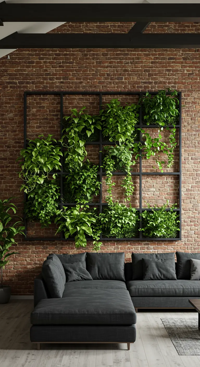 Grand treillis noir avec plantes vertes luxuriantes sur un mur de briques apparentes, salon contemporain.