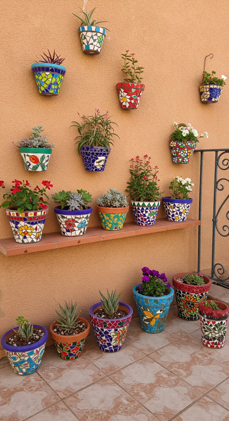 Mur décoré de petits pots mosaïque colorés suspendus, avec d'autres pots au sol alignés.