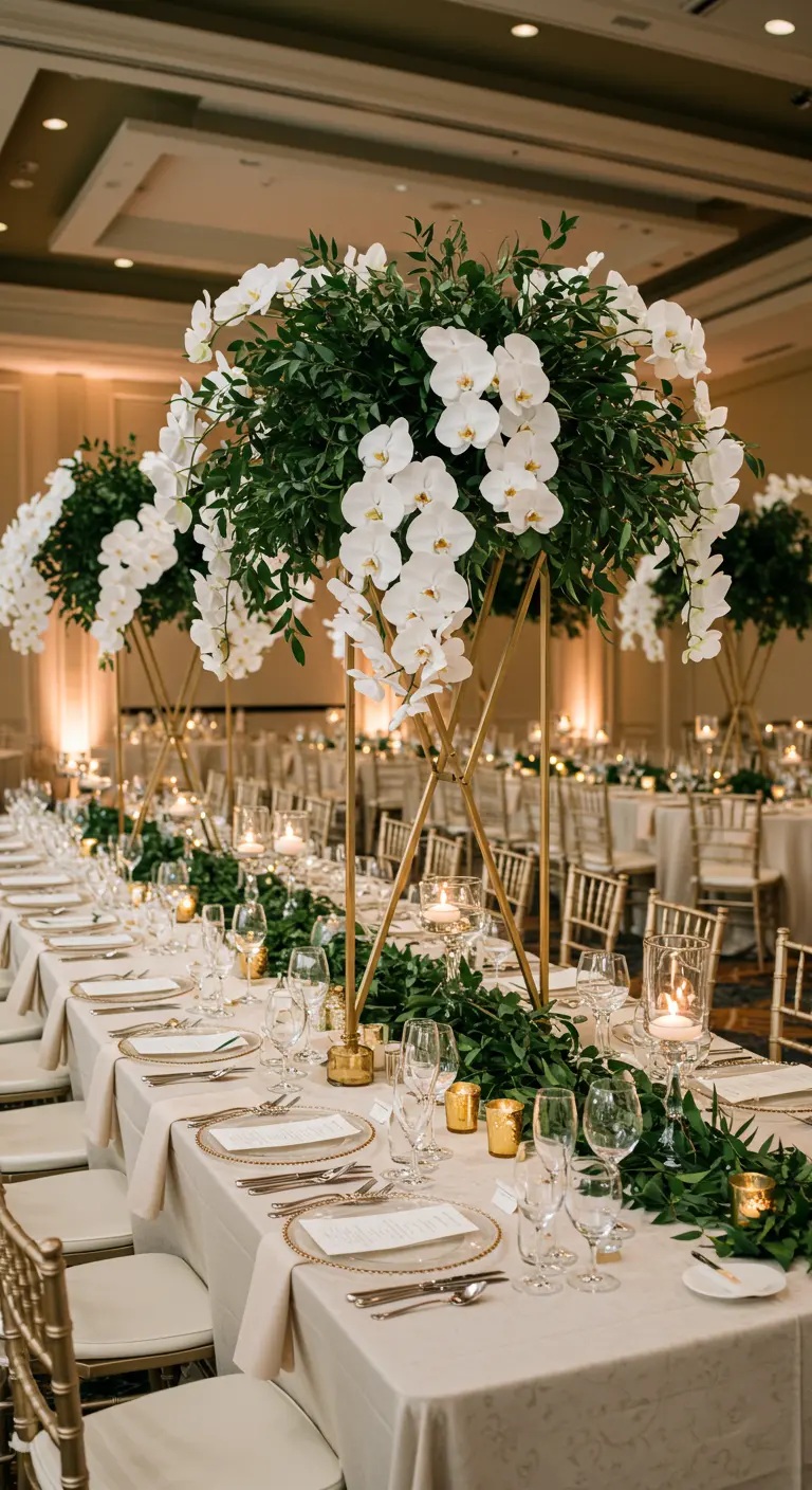 Table de banquet élégante avec des centres de table hauts d'orchidées blanches et verdure luxuriante sur supports dorés.