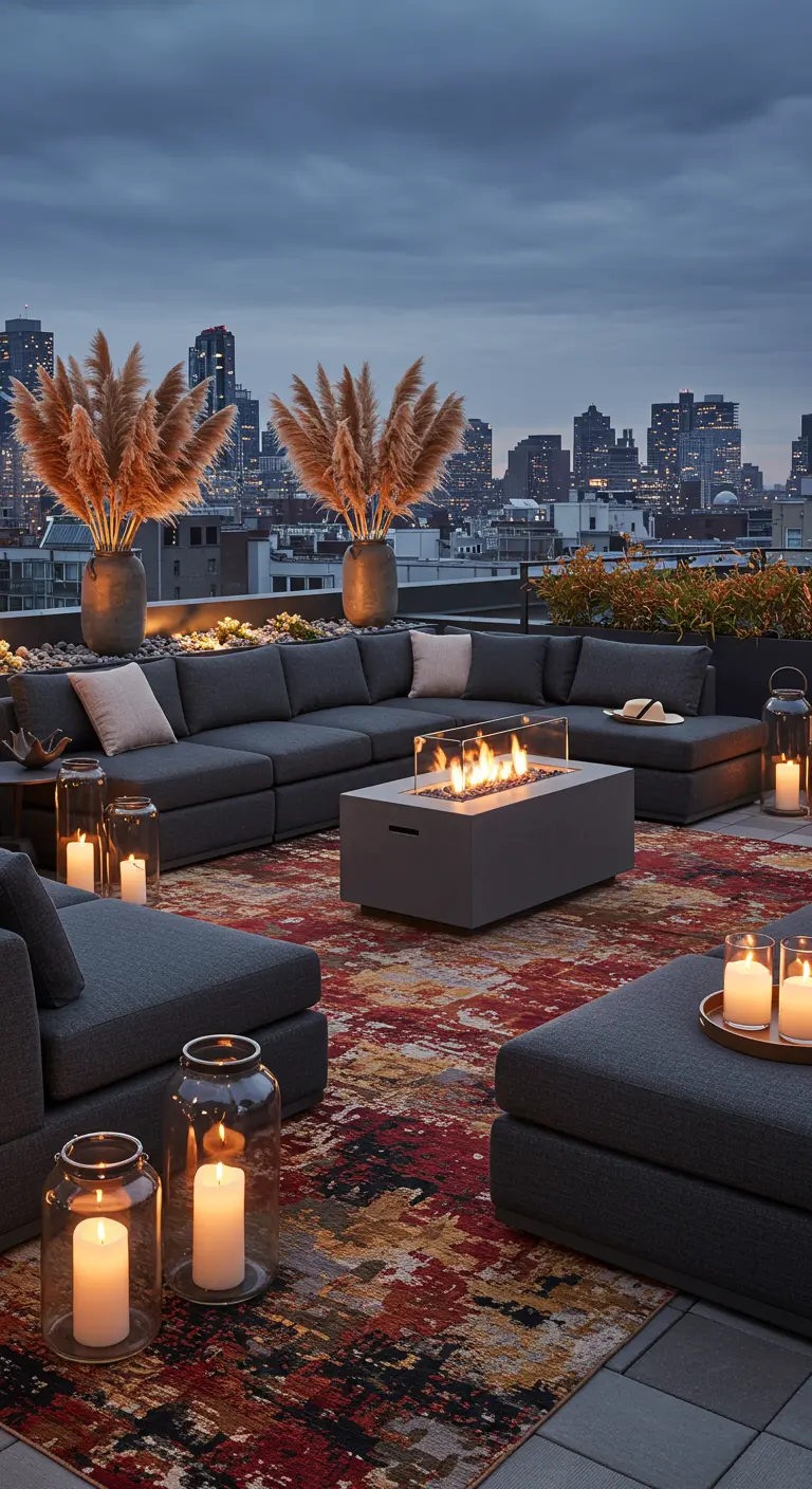 Grande terrasse urbaine avec canapé, foyer, tapis coloré et pampa en vases.