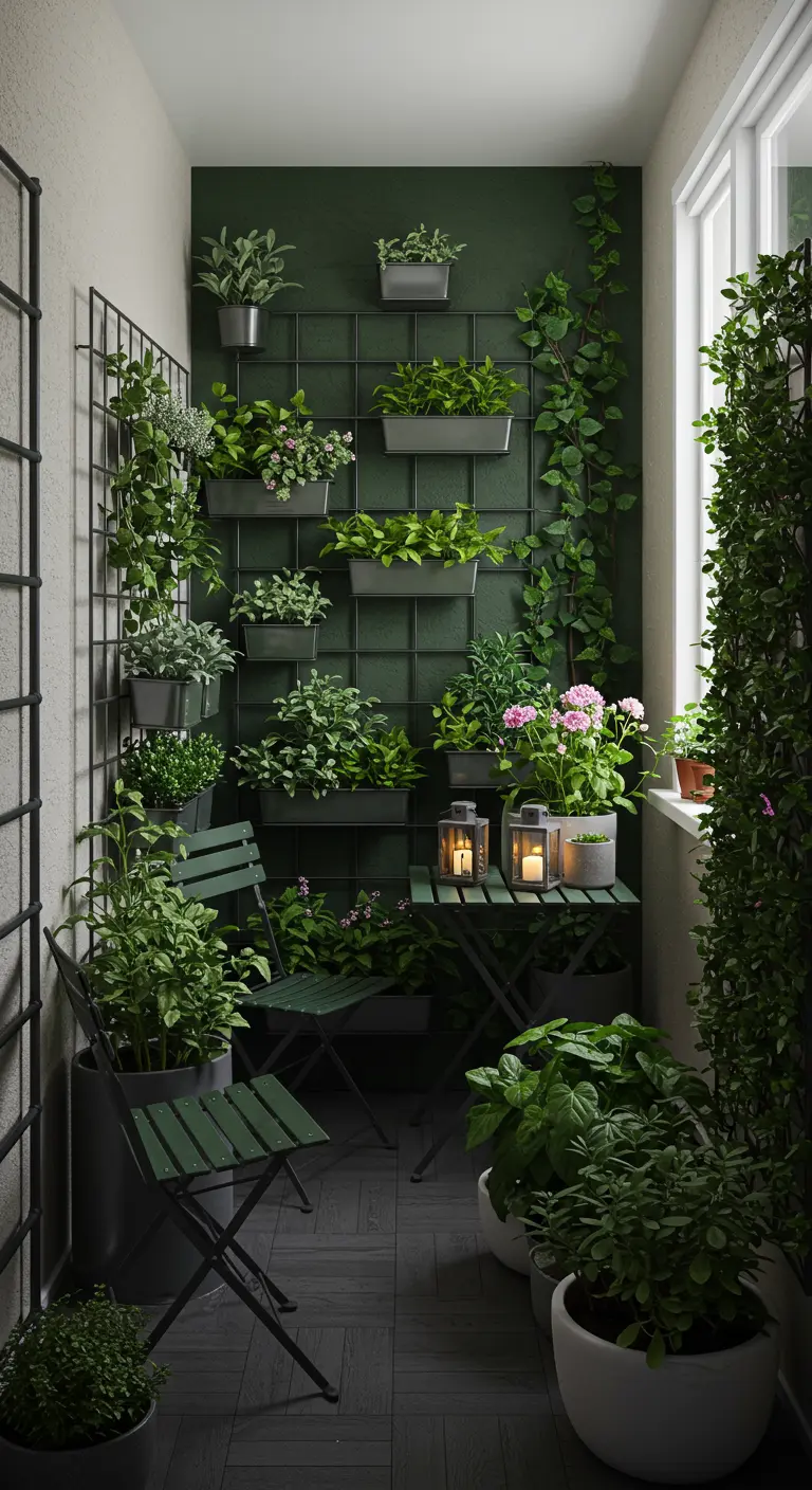 Balcon avec treillis métallique vert, mur végétalisé, petite table et chaises vertes.