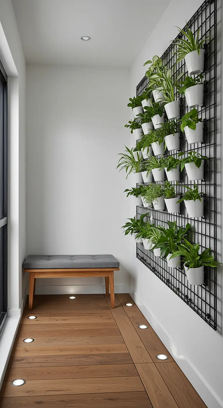 Balcon minimaliste avec mur végétal sur grille noire et pots blancs, éclairage au sol.