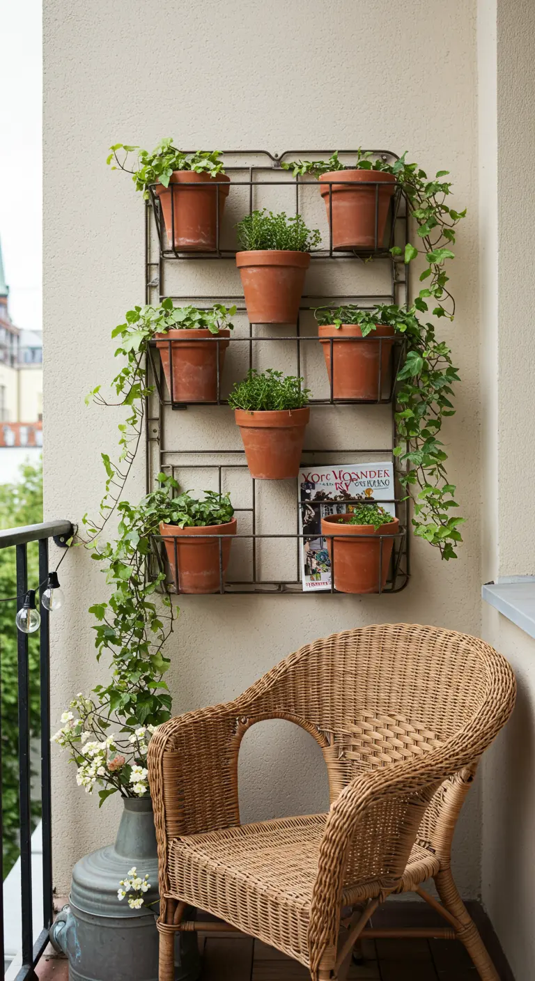 Balcon avec une grande grille métallique murale supportant des plantes en pots en terre cuite.