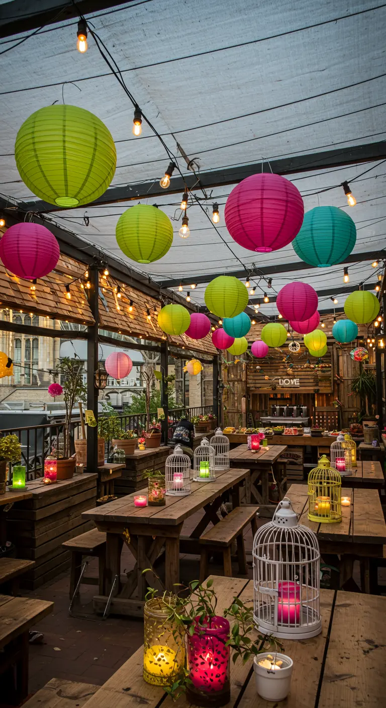 Terrasse style guinguette avec tables en bois, nombreux lampions colorés et guirlandes lumineuses.