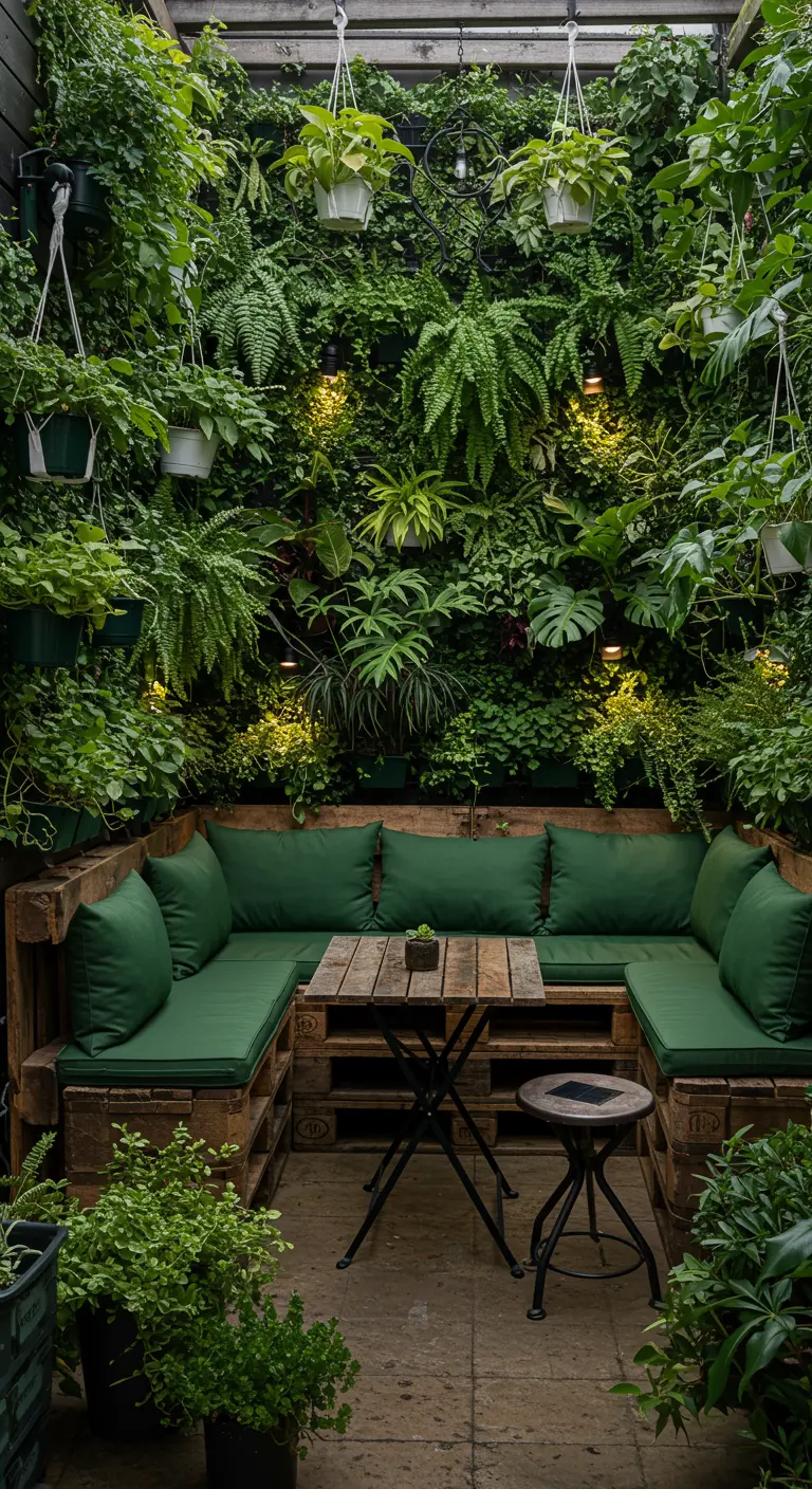 Patio jungle urbaine avec salon de palettes, mur végétal luxuriant et plantes aériennes suspendues.