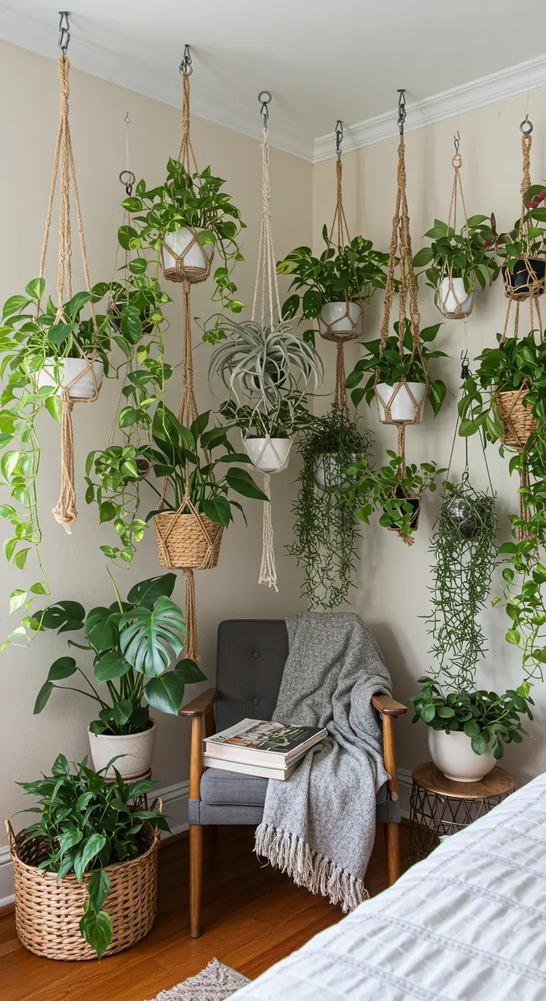 Mur entier couvert de plantes vertes en pots suspendus de styles variés, près d'un fauteuil.