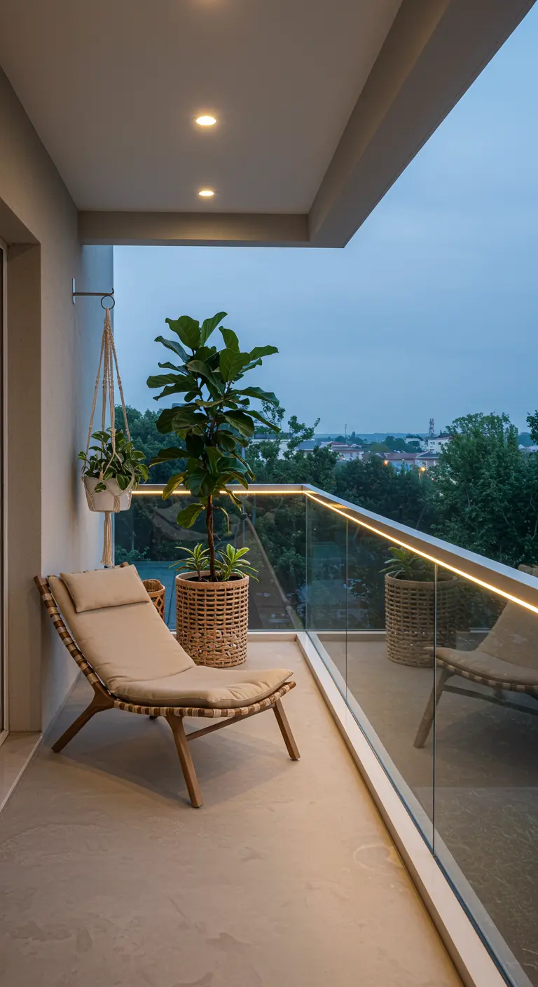 Balcon moderne avec chaise longue en bois, plante en pot tressé et éclairage LED.