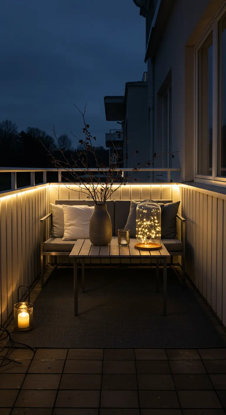Balcon de nuit avec éclairage LED, banquette, table et cloche en verre lumineuse.