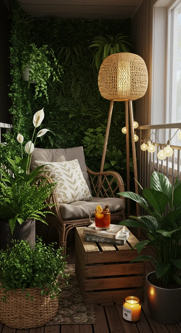 Balcon cosy avec fauteuil rotin, lampe bambou, mur végétal et plantes en pot.