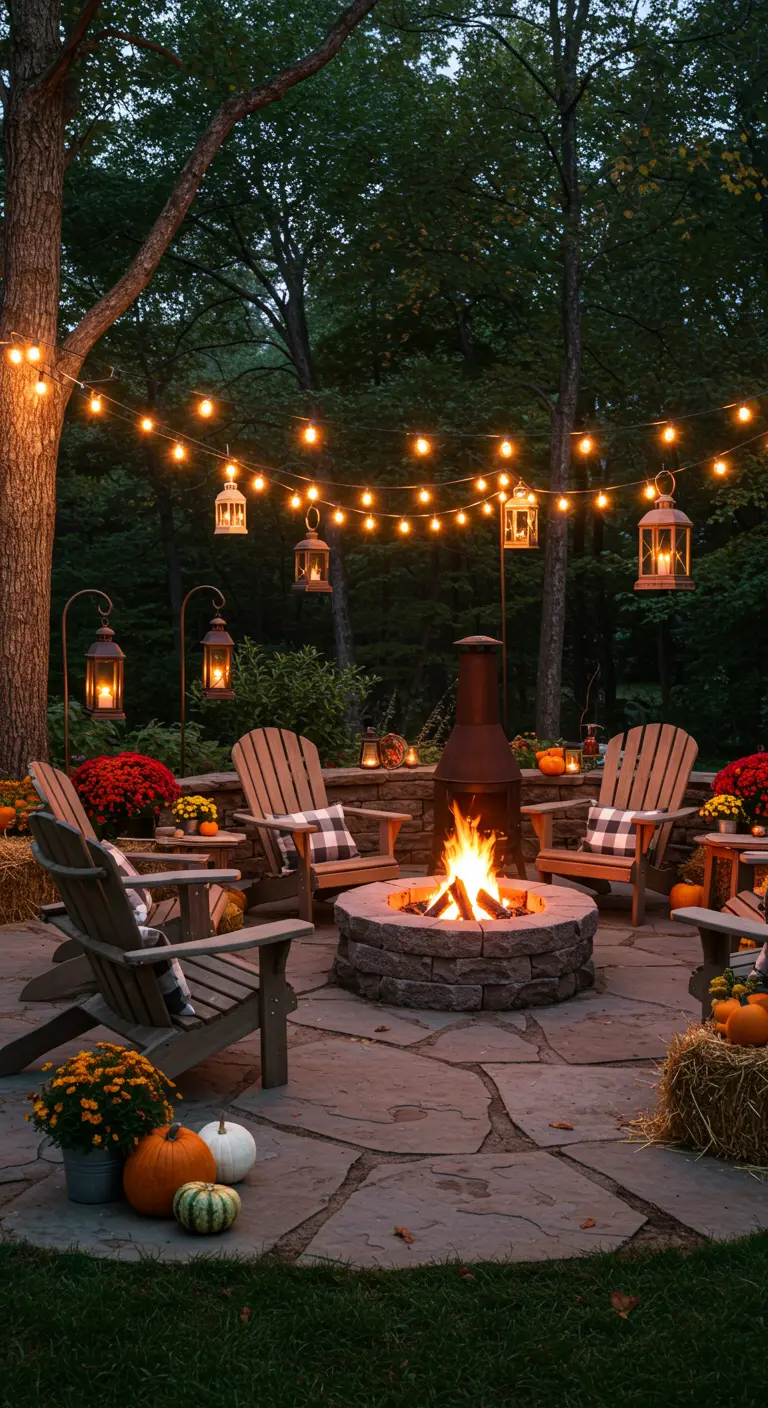 Un coin feu extérieur chaleureux avec guirlandes lumineuses, lanternes, chaises Adirondack et décorations d'automne.