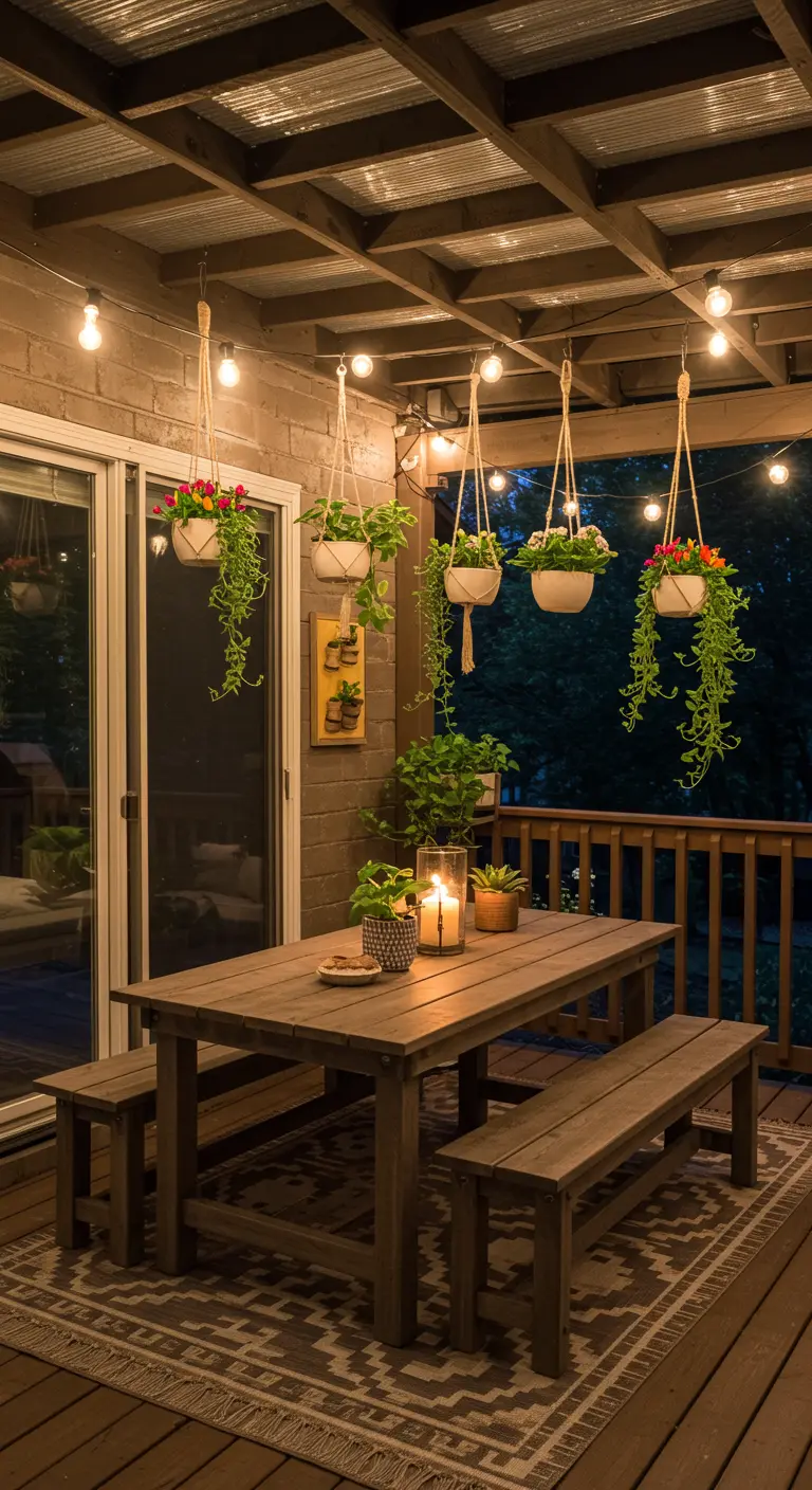 Deck en bois éclairé la nuit, avec table de repas, bancs et pots suspendus fleuris et guirlandes lumineuses.