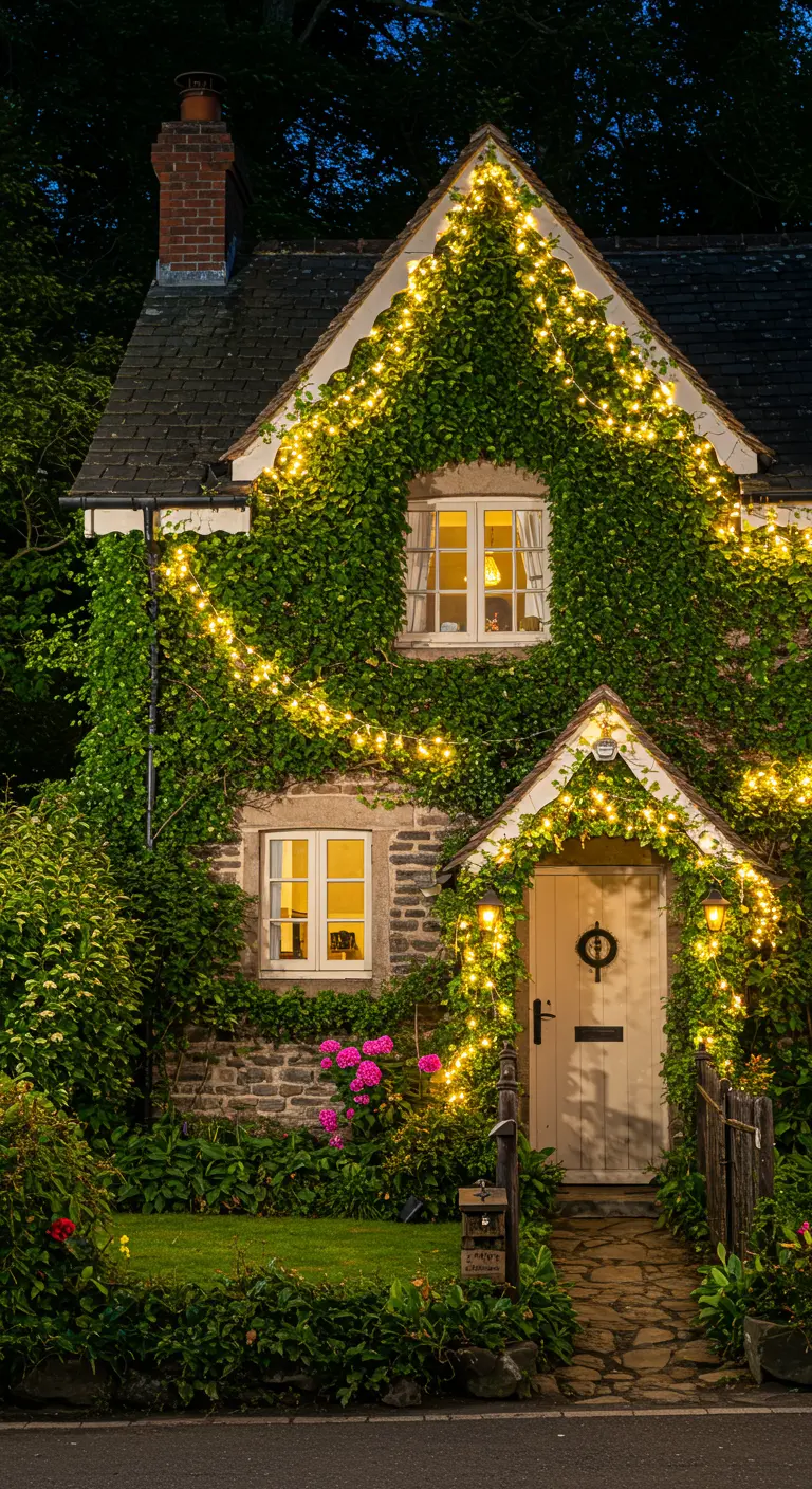 Maison en pierre recouverte de lierre et illuminée par des guirlandes lumineuses, créant un effet féerique.
