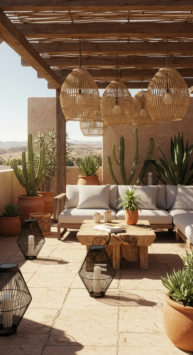 Terrasse de style désertique avec suspensions en rotin, cactus et lanternes ajourées en métal.